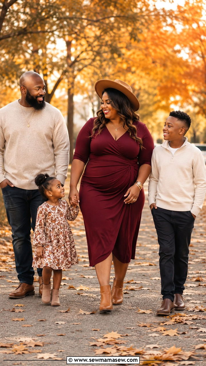 Plus size family photo outfit for fall with burgundy dress - 30 Plus size family photo outfit ideas