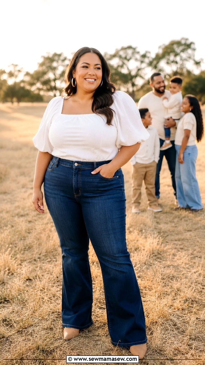 Plus size family photo outfit with jeans and white top - 30 Plus size family photo outfit ideas