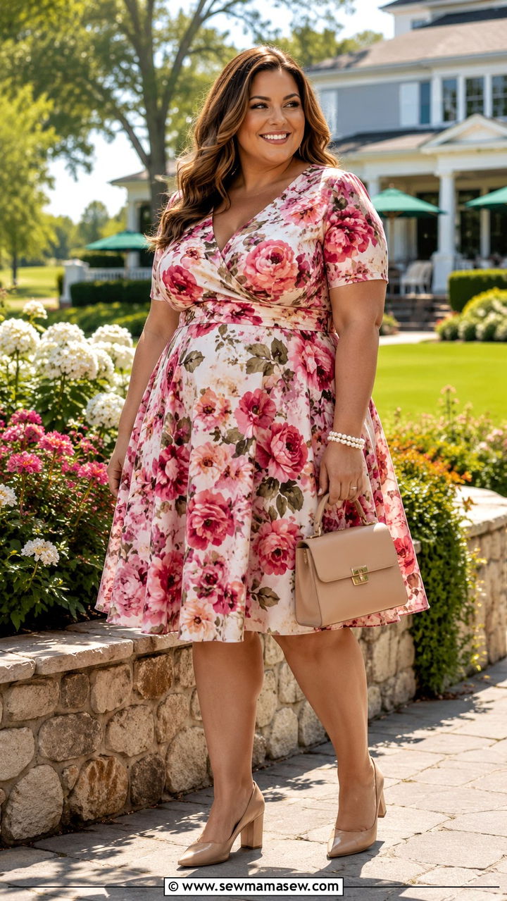 Plus size fit and flare floral dress and nude pumps - 30 Plus size wedding guest outfits summer