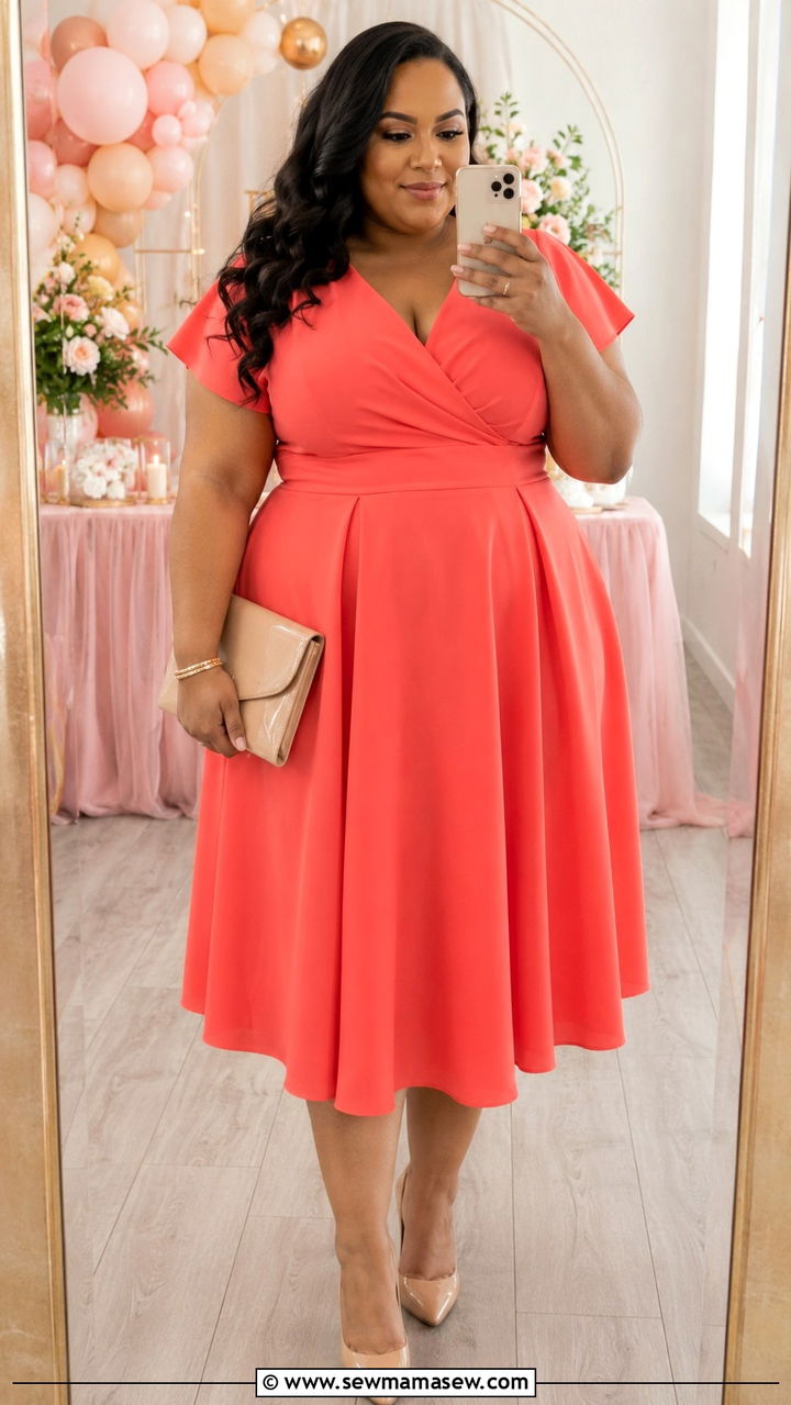 Plus size fit and flare midi dress with clutch - 30 plus size bridal shower outfit ideas