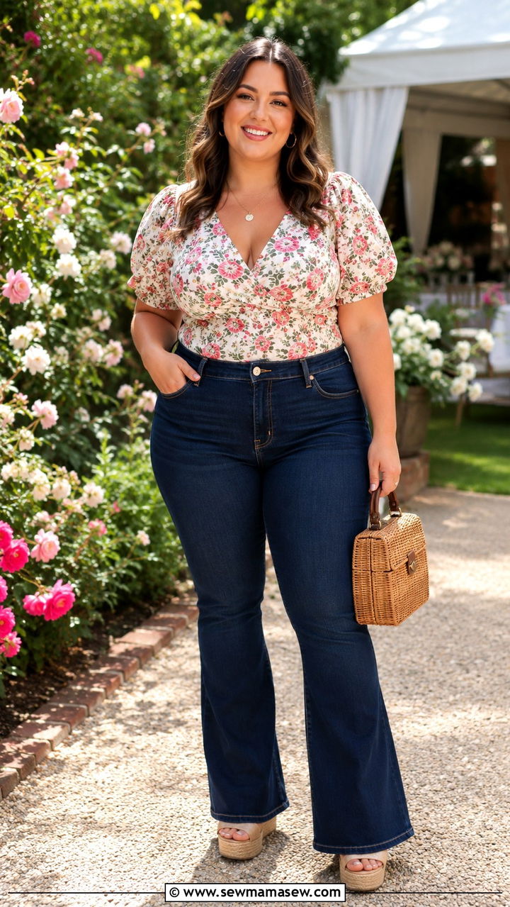 Plus size flare jeans with floral blouse and wedges - 30 Plus size outfit ideas with jeans