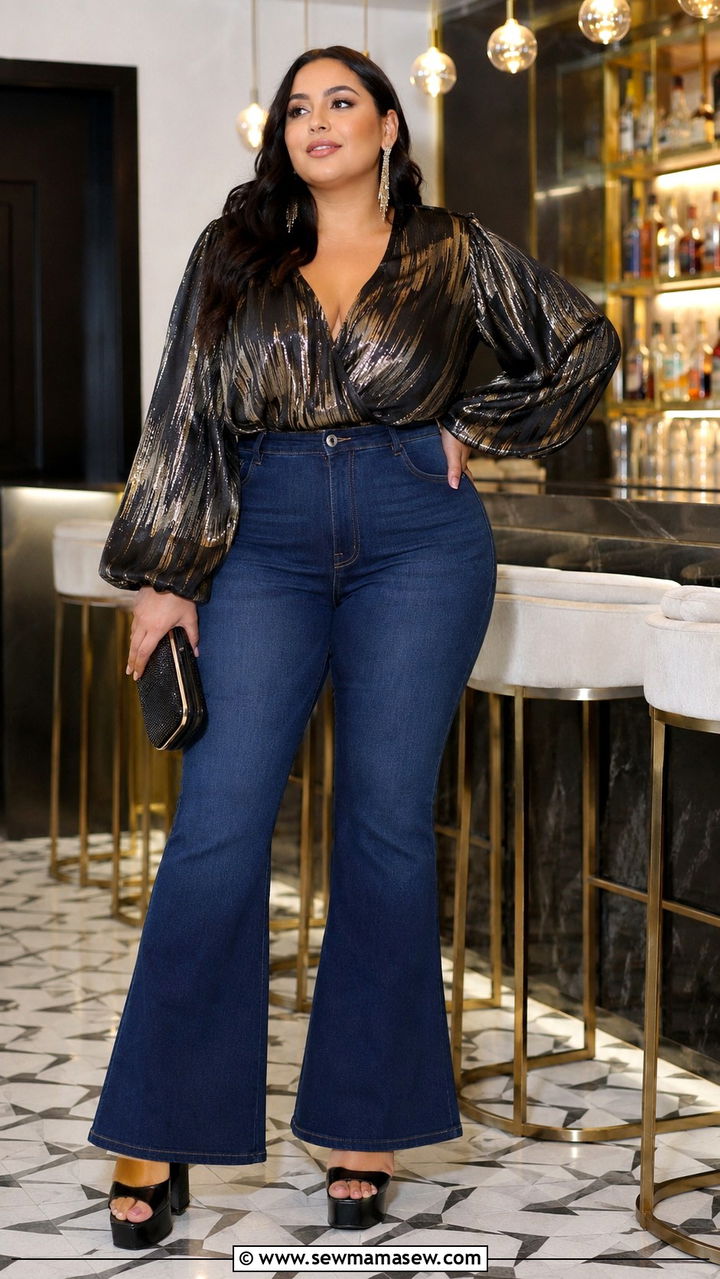 Plus size flare jeans with platform heels and statement top - 30 Plus size outfit ideas with jeans