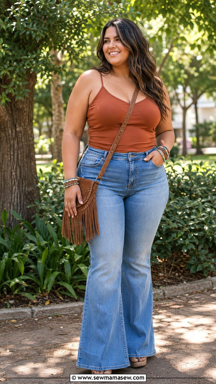 Plus size flare jeans with tucked in camisole and wedge sandals - 30 Plus size outfit ideas with jeans