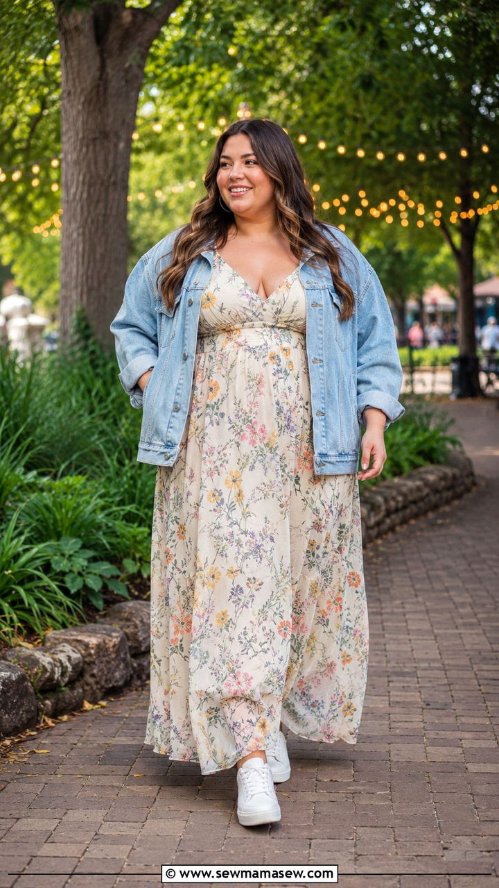 Plus size floral maxi dress with denim jacket - 30 plus size bridal shower outfit ideas