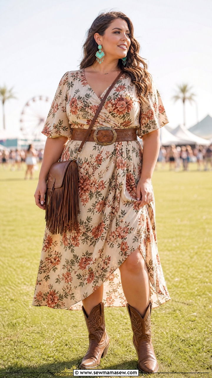 Plus size floral midi dress festival look - 25 Festival outfit ideas plus size
