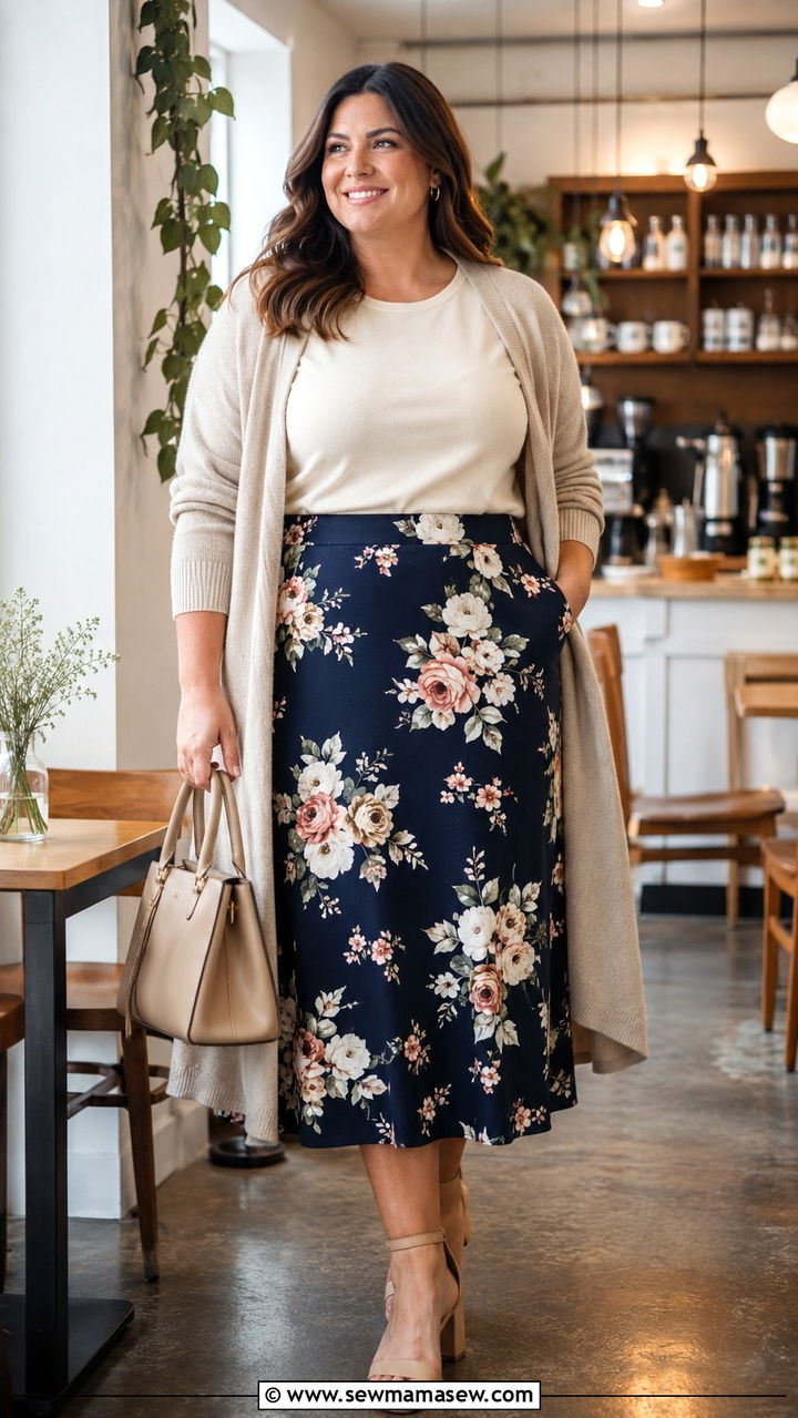 Plus size floral midi skirt with long cardigan - 30 Plus size outfit ideas with skirts