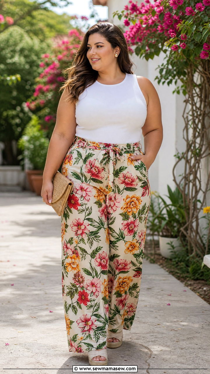 Plus size floral palazzo pants and solid top reunion - 25 Family reunion outfit ideas plus size