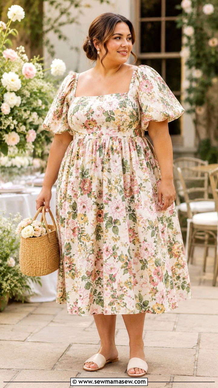 Plus size floral puff sleeve midi dress with basket bag - 30 Plus size wedding guest outfits summer
