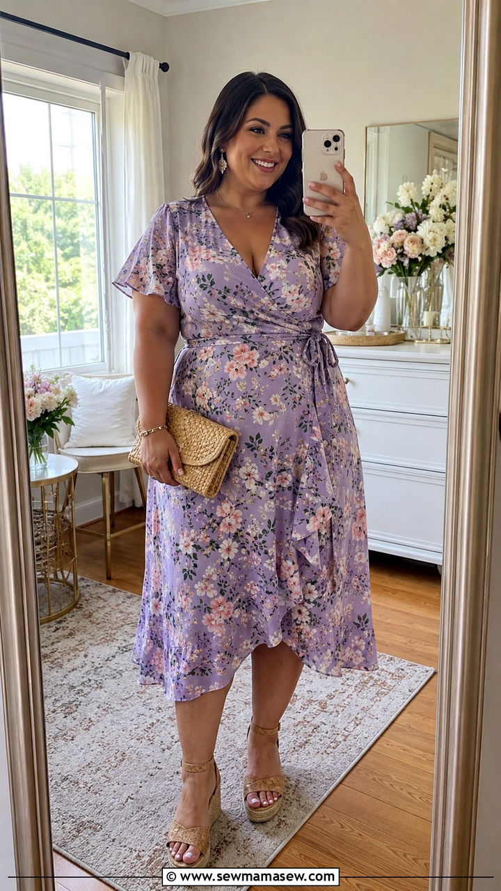 Plus size floral wrap dress with wedges - 30 plus size bridal shower outfit ideas