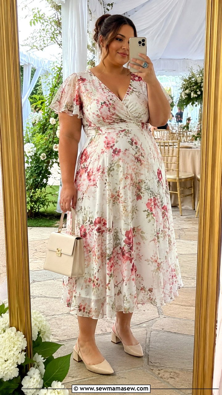 Plus size flutter sleeve midi dress and slingback heels - 30 Plus size wedding guest outfits summer