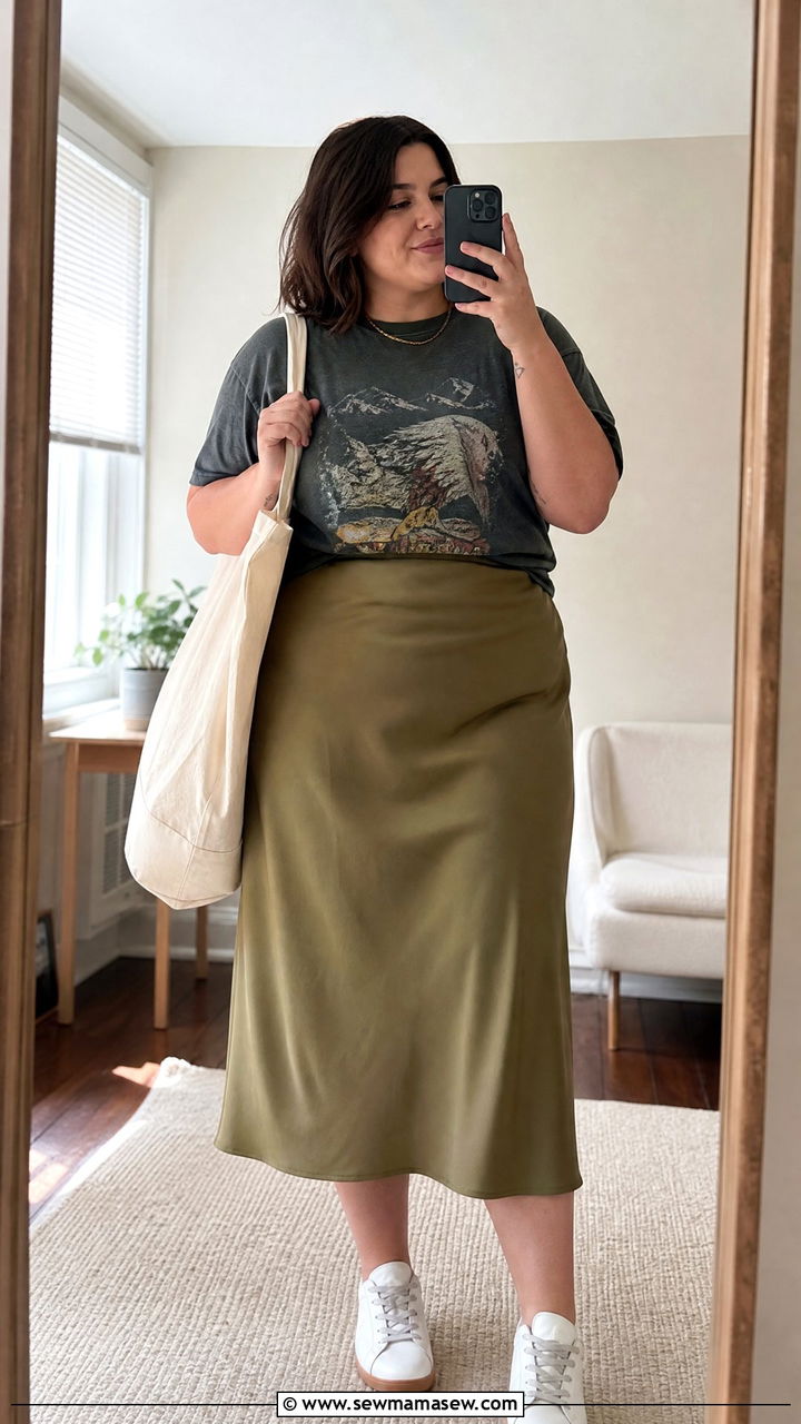Plus size graphic tee and midi skirt outfit - 30 Summer capsule wardrobe plus size
