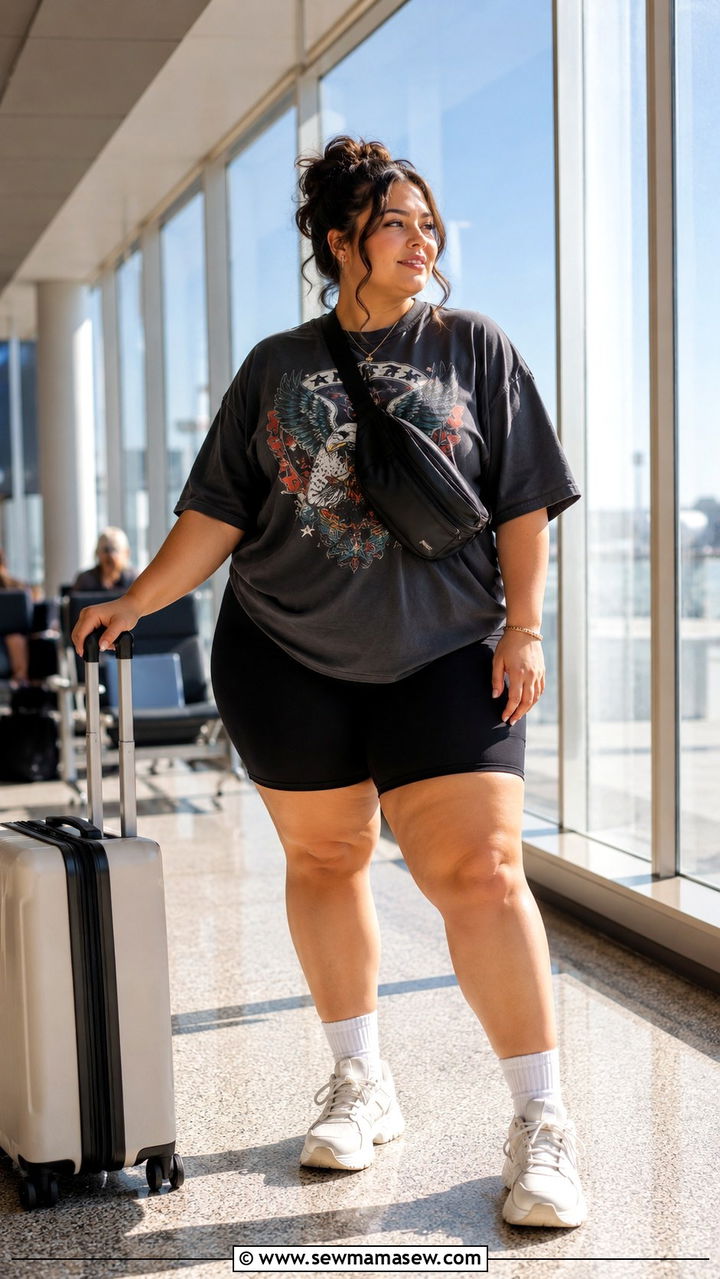 Plus size high waisted biker shorts with oversized tee - 30 Plus size outfit ideas for airport