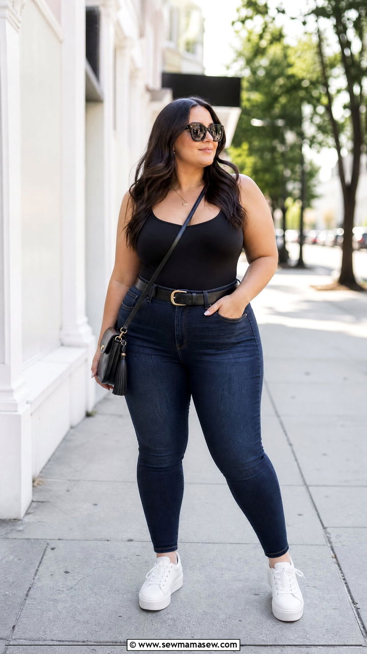 Plus size high waisted jeans and bodysuit with sneakers - 30 Plus size outfit ideas with jeans
