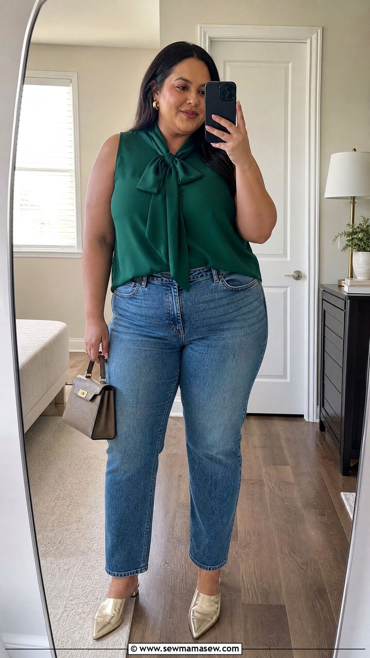 Plus size jeans and sleeveless blouse outfit - 30 Summer capsule wardrobe plus size