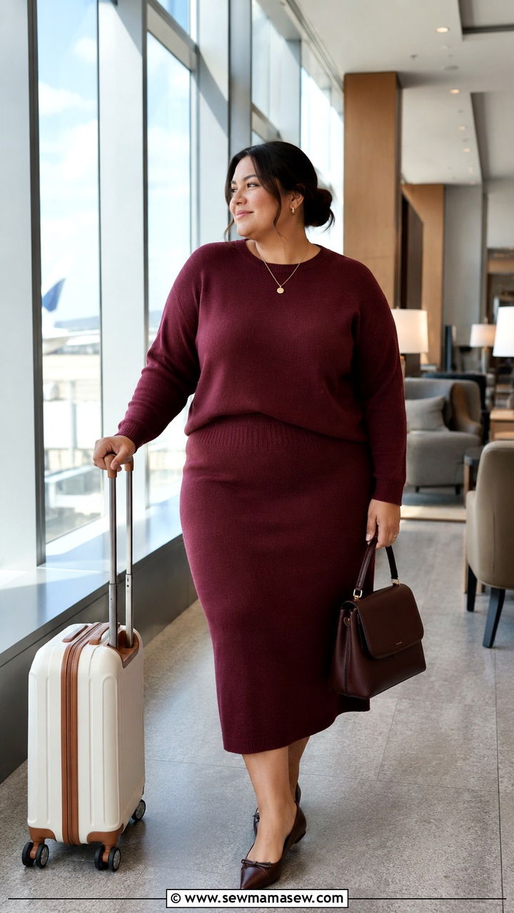 Plus size knit co ord skirt set with ballet flats - 30 Plus size outfit ideas for airport