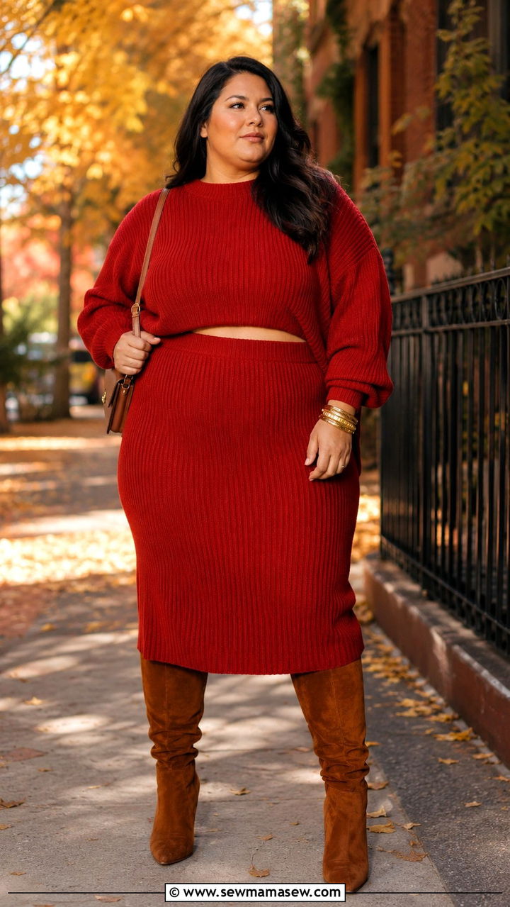 Plus size knit midi skirt co ord with cropped sweater - 30 Plus size outfit ideas with skirts