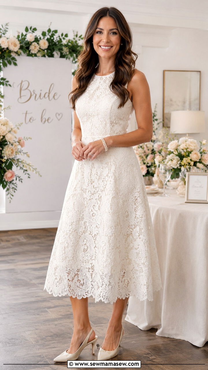 Plus size lace A line dress with pearl accessories - 30 plus size bridal shower outfit ideas