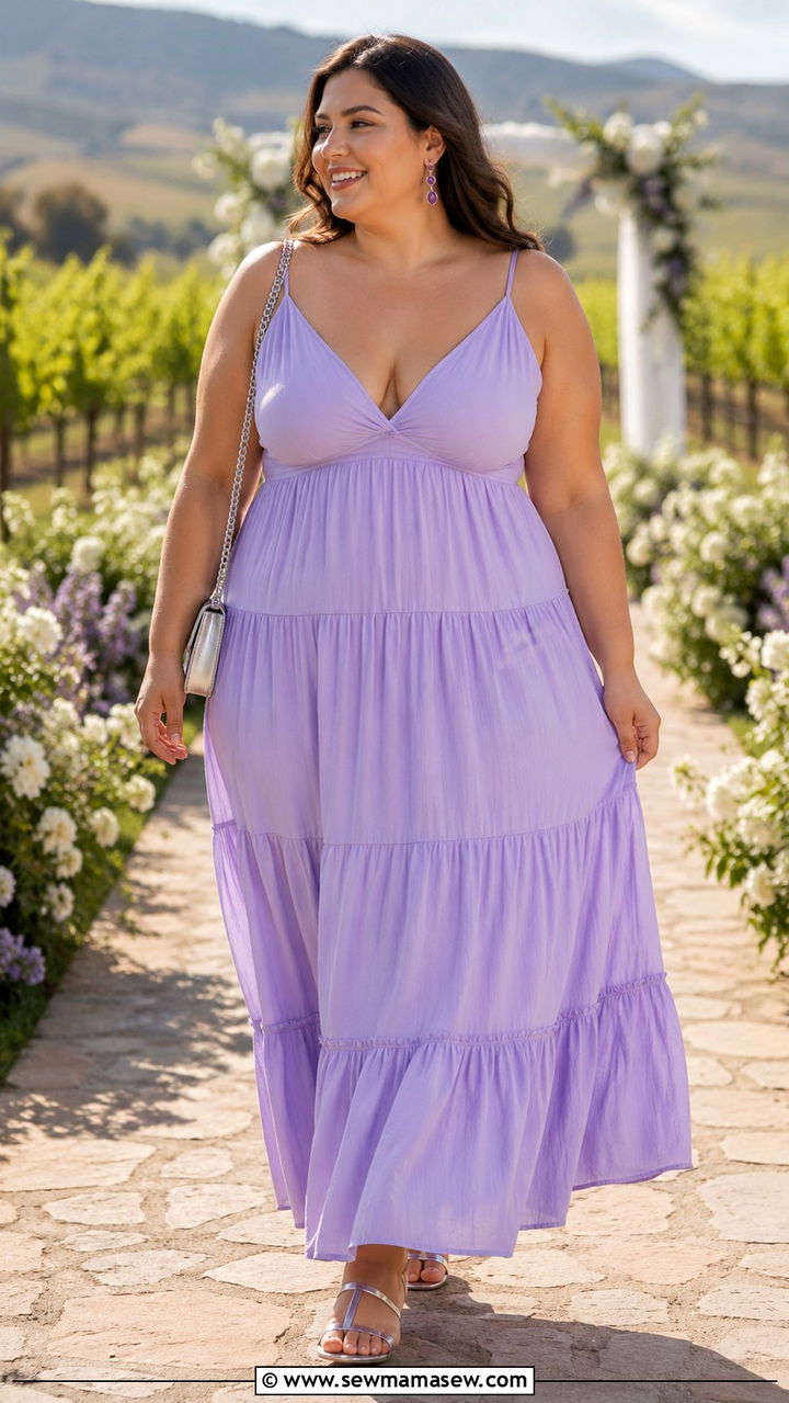 Plus size lavender tiered maxi dress and silver sandals - 30 Plus size wedding guest outfits summer