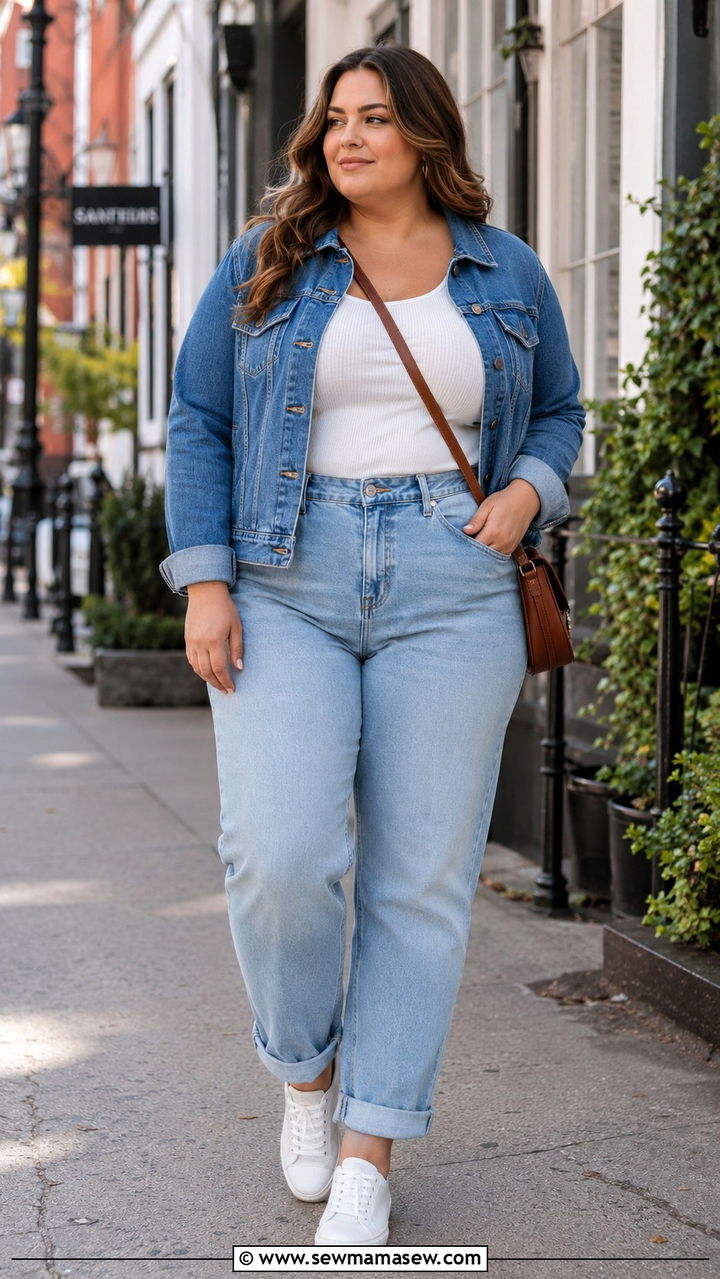 Plus size light wash jeans with white sneakers and denim jacket - 30 Plus size outfit ideas with jeans