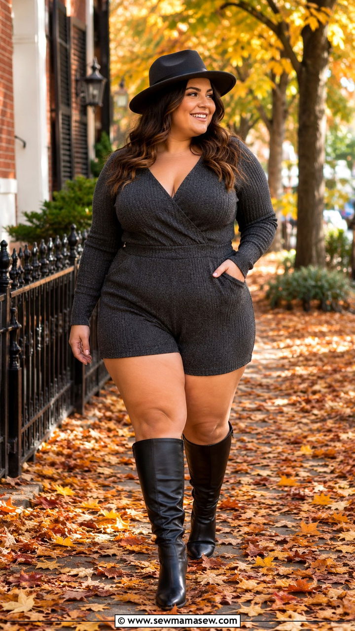 Plus size long sleeve romper with knee boots - 25 Romper outfit ideas plus size