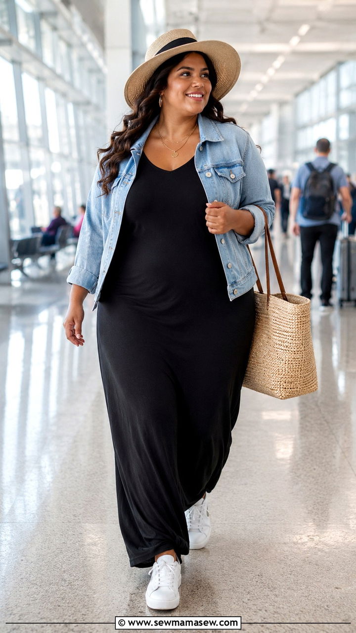 Plus size maxi dress with denim jacket - 30 Plus size outfit ideas for airport