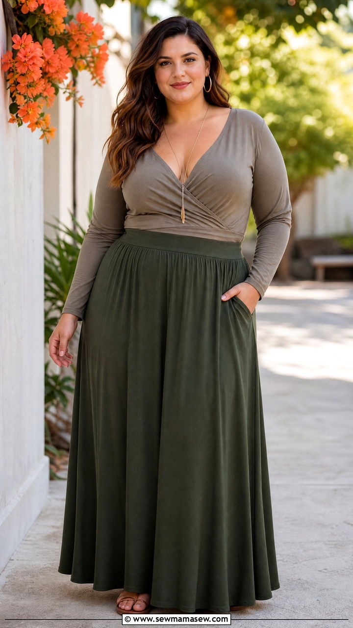 Plus size maxi skirt with wrap top - 30 Summer outfits with maxi skirts