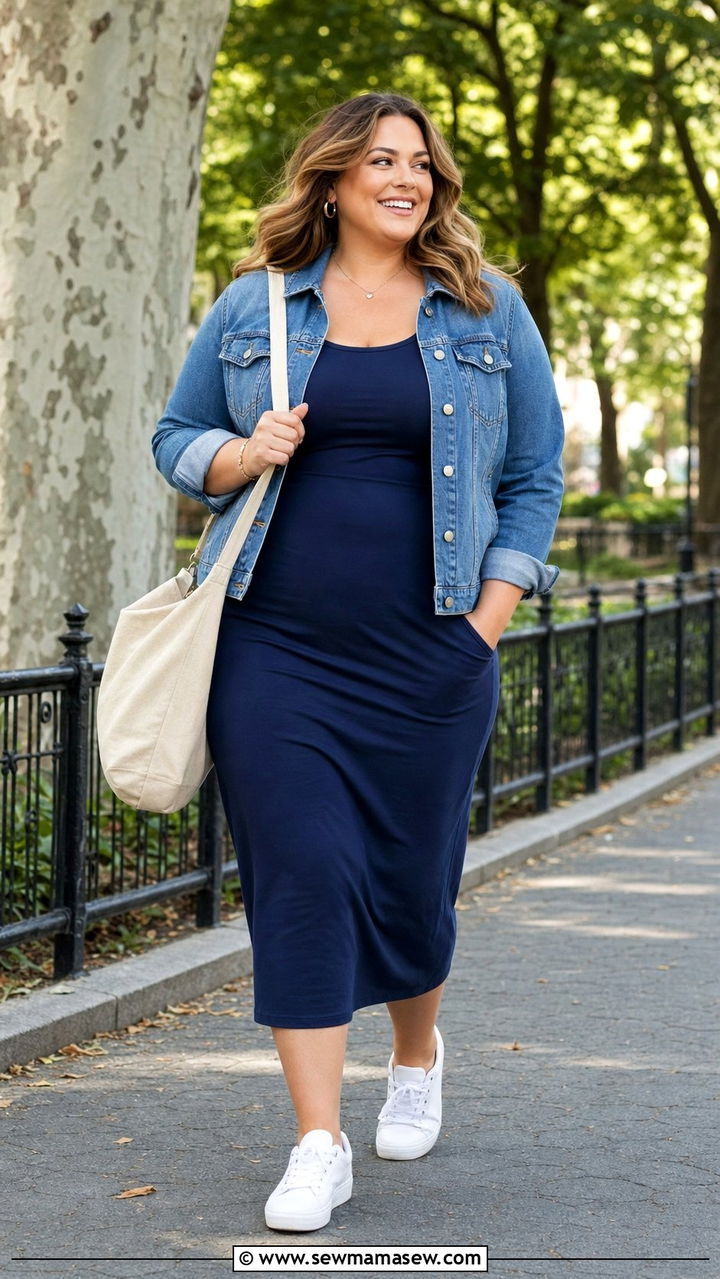 Plus size midi dress and denim jacket reunion - 25 Family reunion outfit ideas plus size