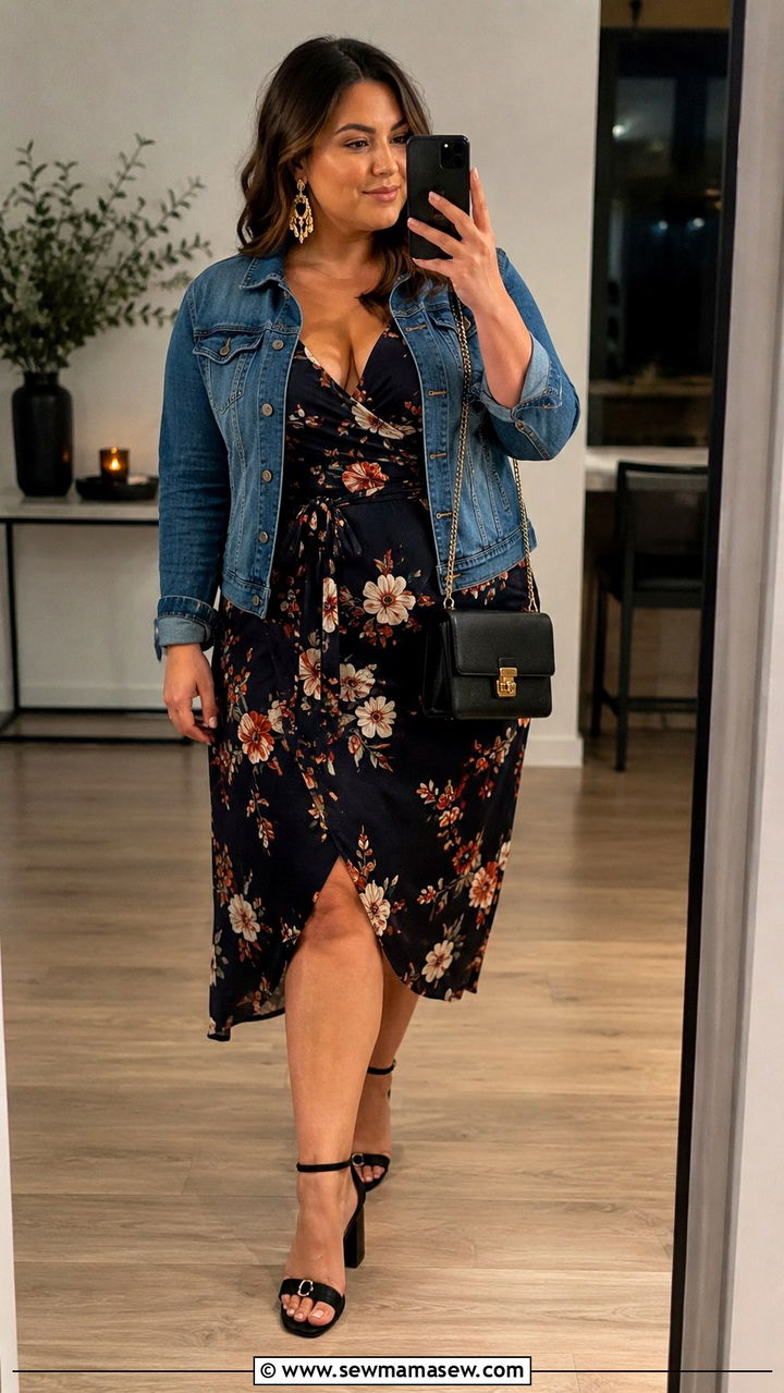 Plus size midi dress with a denim jacket and block heel sandals - 30 Midi dress outfit ideas with a denim jacket