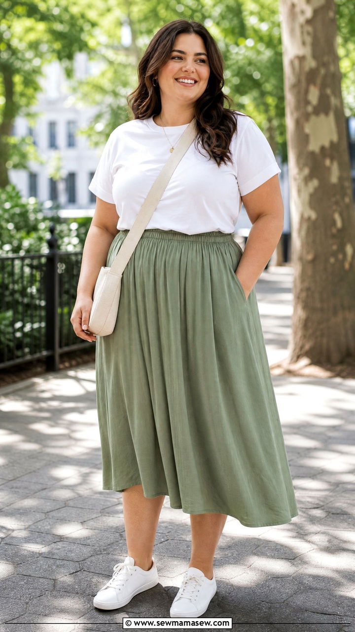 Plus size midi skirt and tee outfit - 30 Summer capsule wardrobe plus size