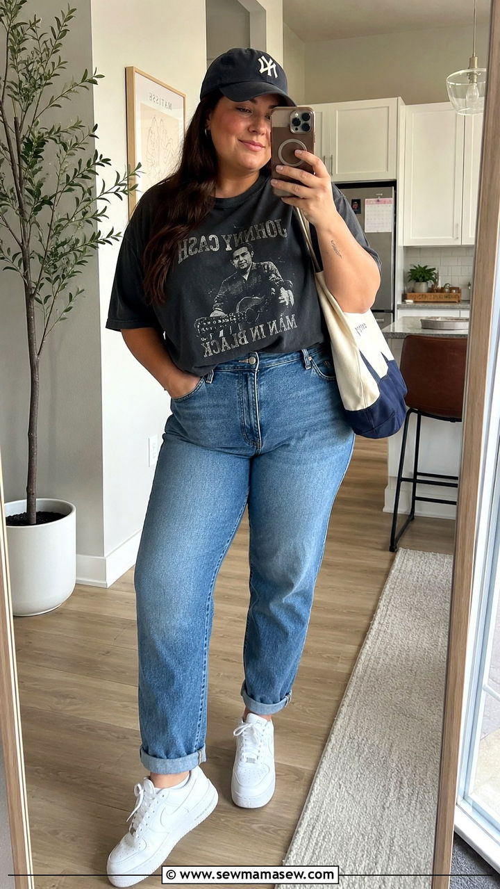 Plus size mom jeans with graphic tee and white sneakers - 30 Plus size outfit ideas with jeans