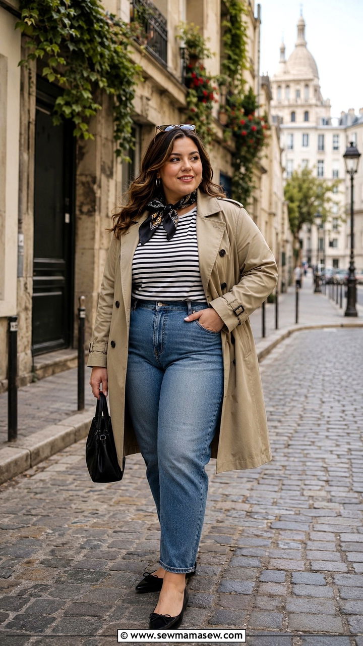 Plus size mom jeans with trench coat and ballet flats - 30 Plus size outfit ideas with jeans