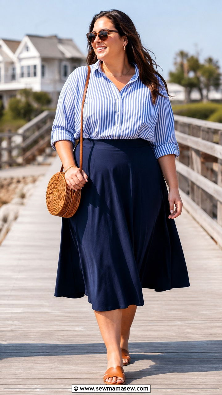 Plus size navy A line midi skirt with striped shirt - 30 Plus size outfit ideas with skirts