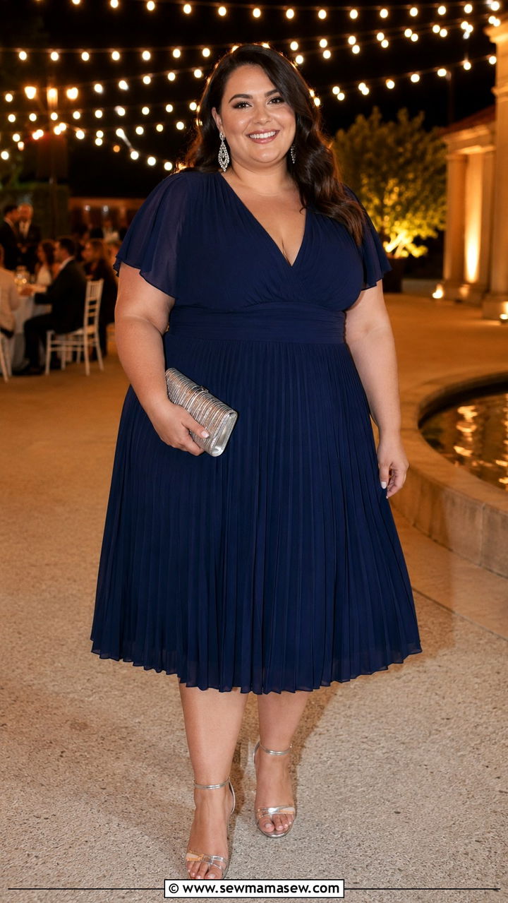 Plus size navy blue pleated midi dress with silver heels - 30 Plus size wedding guest outfits summer
