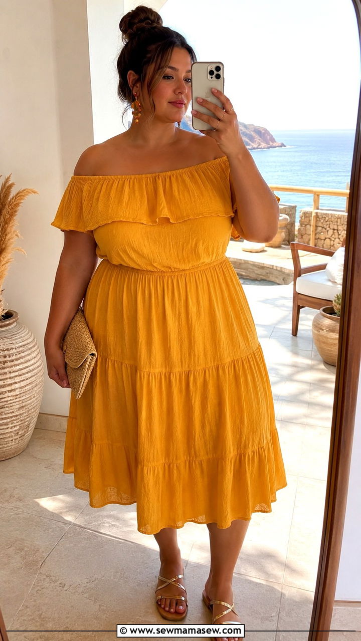 Plus size off shoulder midi dress - 30 Plus size vacation outfit ideas