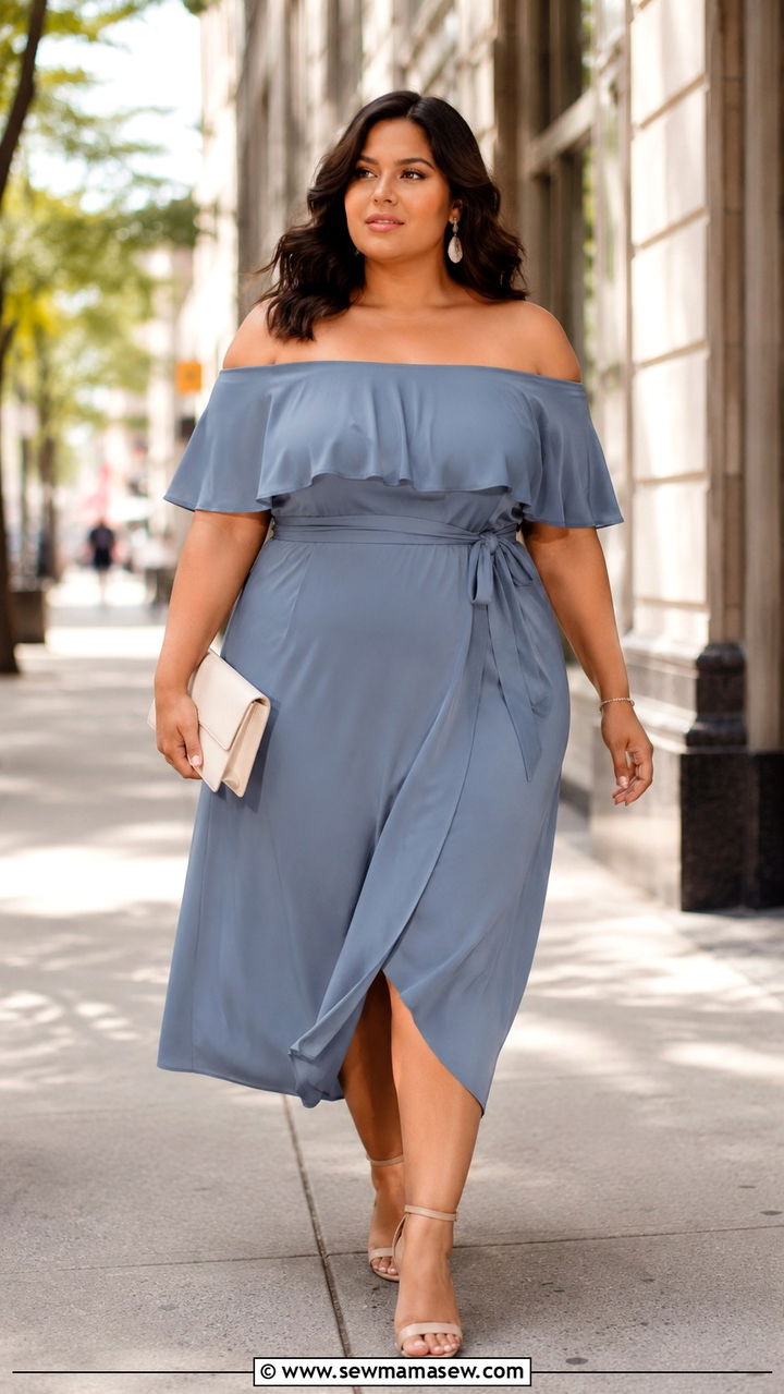 Plus size off shoulder midi dress with nude heels - 30 plus size bridal shower outfit ideas