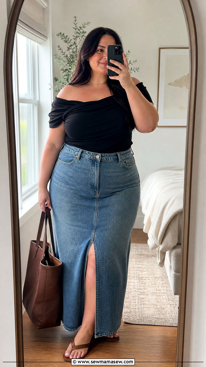 Plus size off shoulder top and denim skirt outfit - 30 Summer capsule wardrobe plus size