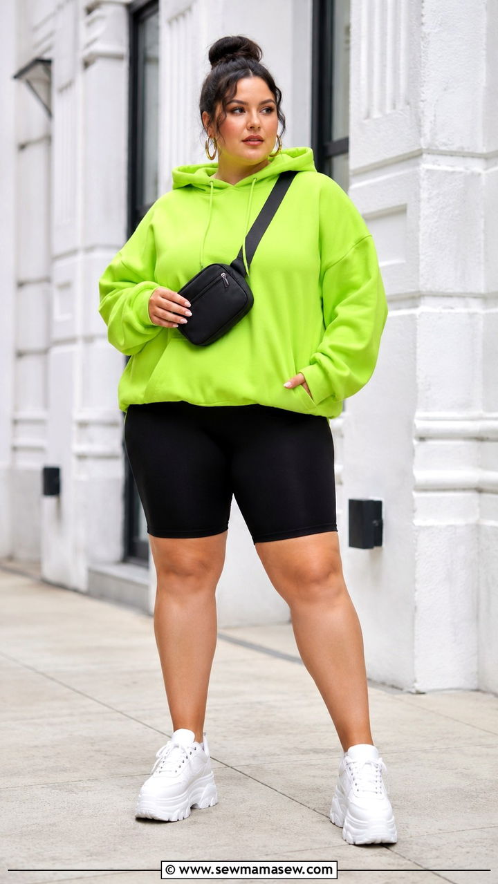 Plus size oversized hoodie with biker shorts - 25 Athleisure outfit ideas plus size