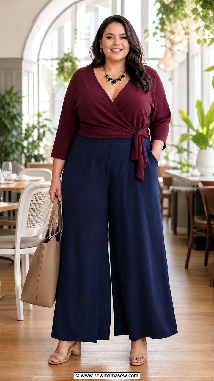 Plus size palazzo pants with wrap top - 25 chic palazzo pants outfit ideas