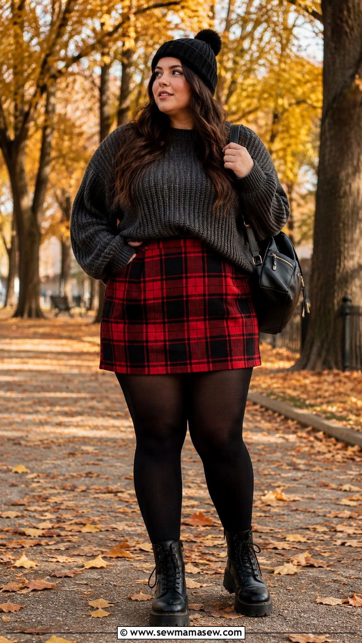 Plus size plaid mini skirt with chunky knit sweater - 30 Plus size outfit ideas with skirts