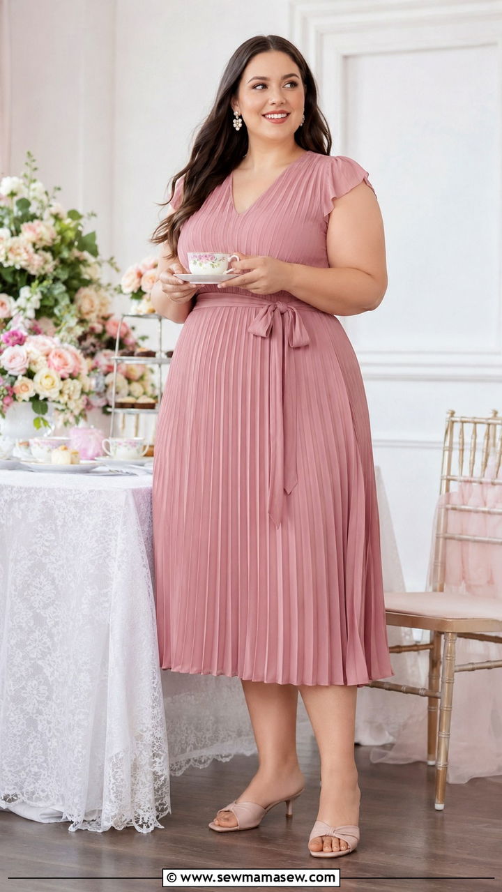 Plus size pleated midi dress with kitten heels - 30 plus size bridal shower outfit ideas