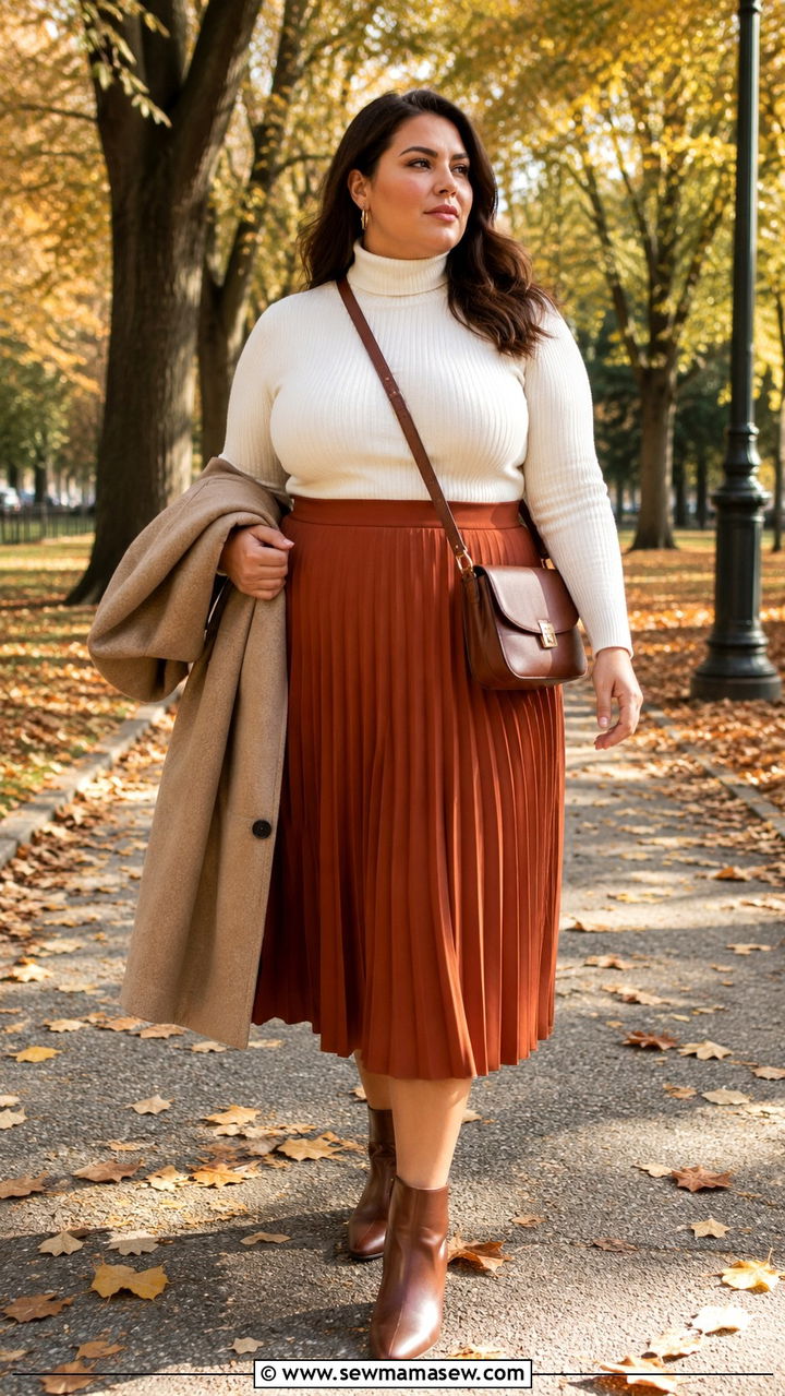 Plus size pleated midi skirt with turtleneck - 30 Plus size outfit ideas with skirts