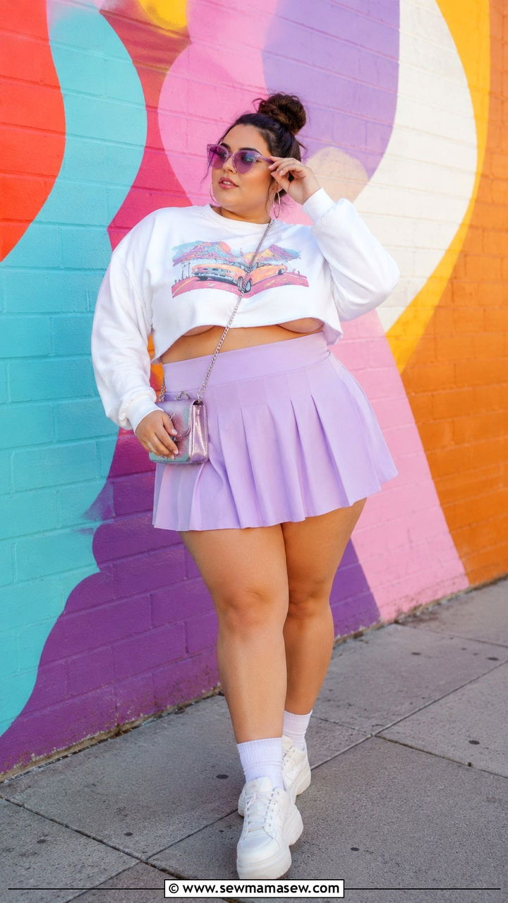 Plus size pleated mini skirt with crop top and sneakers - 30 Plus size outfit ideas with skirts