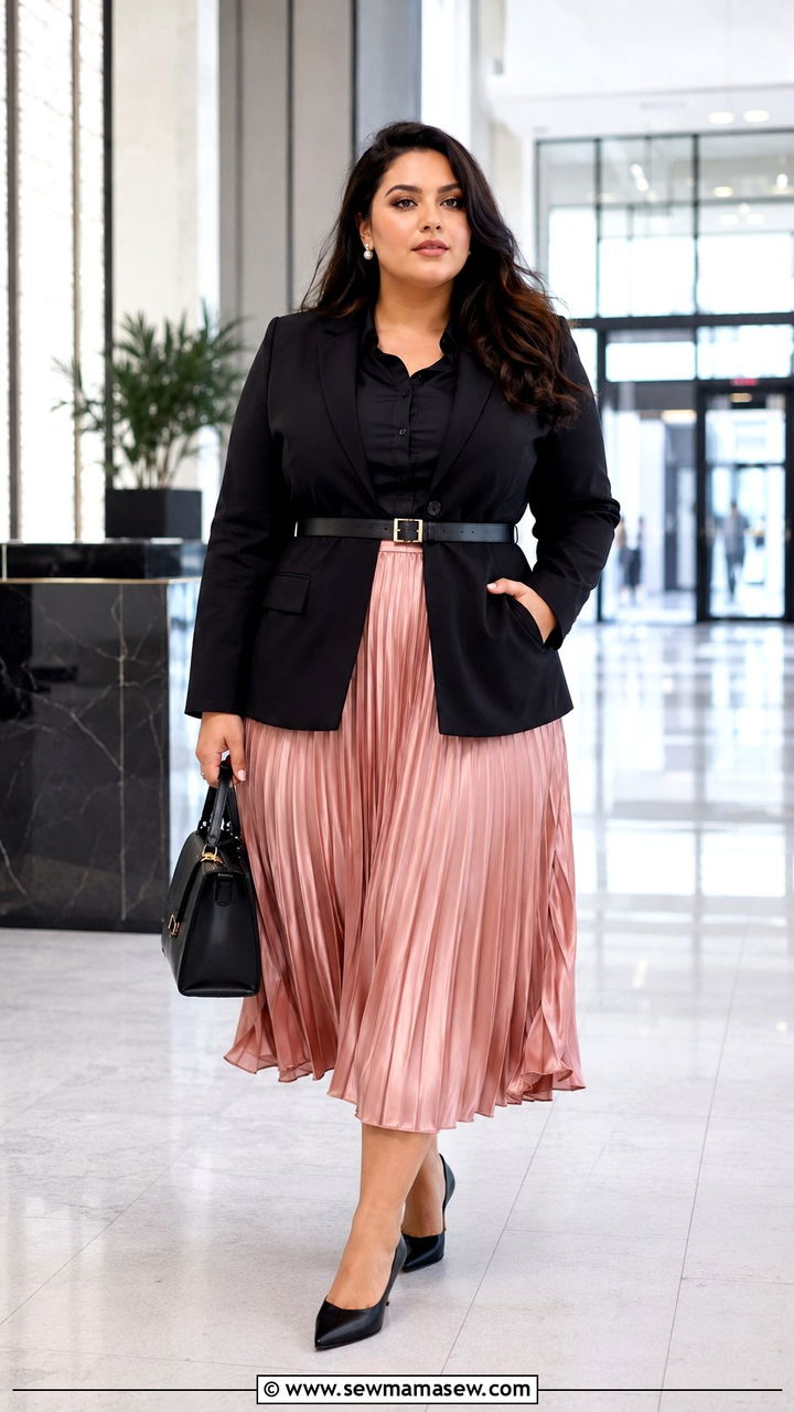 Plus size pleated satin midi skirt with belted blazer - 30 Plus size outfit ideas with skirts