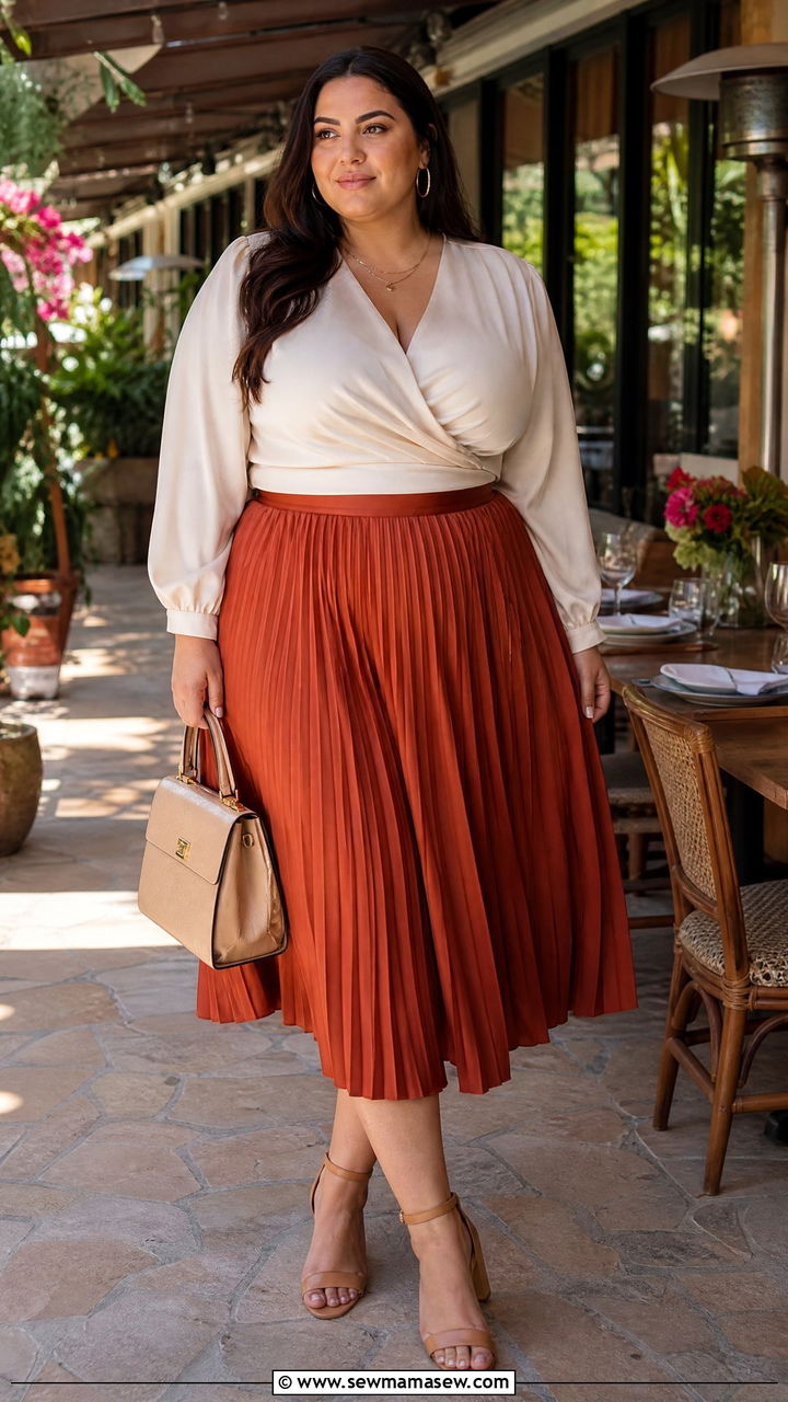 Plus size pleated skirt with wrap top - 25 spring pleated skirt outfit ideas