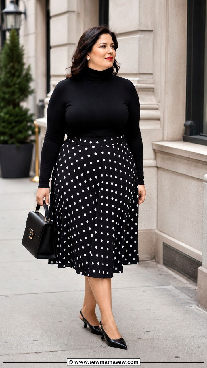 Plus size polka dot midi skirt with turtleneck - 30 Plus size outfit ideas with skirts