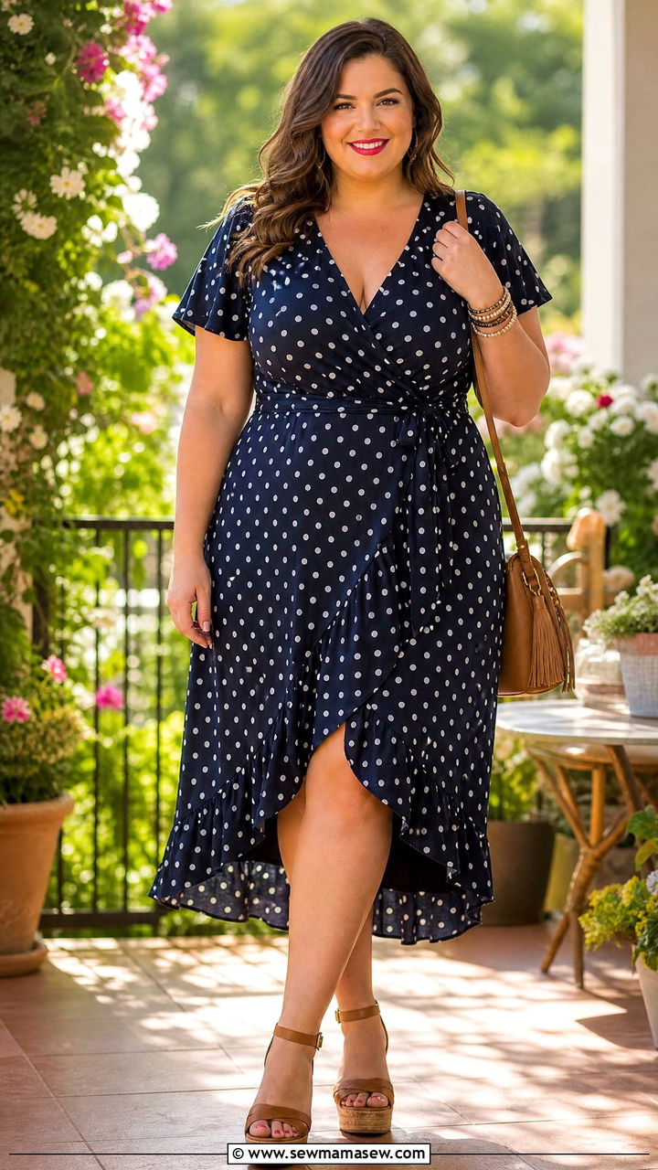 Plus size polka dot wrap dress with wedges - 25 spring polka dot outfit ideas