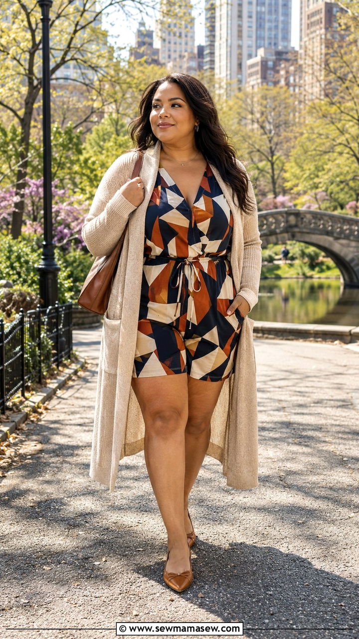 Plus size printed romper with long cardigan - 25 Romper outfit ideas plus size