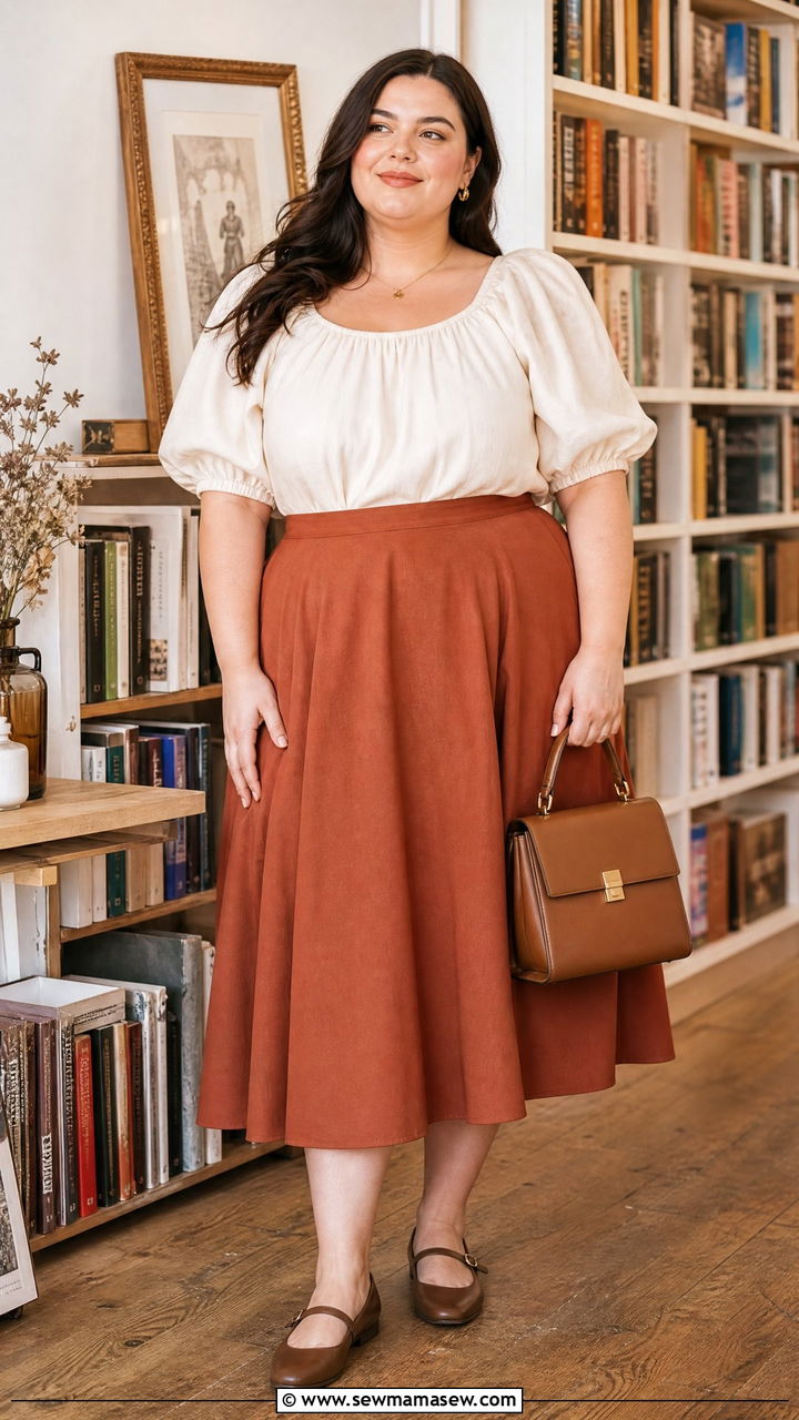 Plus size puff sleeve blouse and midi skirt outfit - 25 Plus size outfit ideas cottagecore