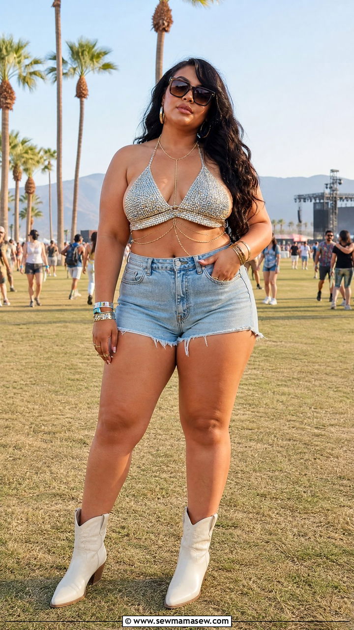 Plus size rhinestone crop top festival look - 25 Festival outfit ideas plus size