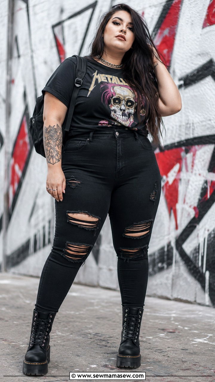 Plus size ripped black jeans with band tee and chunky boots - 30 Plus size outfit ideas with jeans